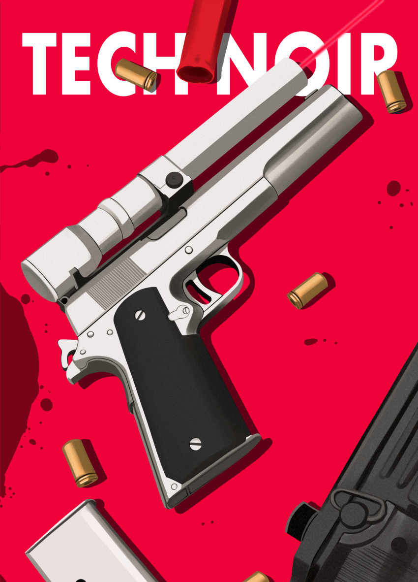 amt_hardballer_longslide blood english_text gun highres laser_sight magazine_(weapon) no_humans parabellum red_background shotgun_shell submachine_gun terminator_(series) the_terminator uzi weapon