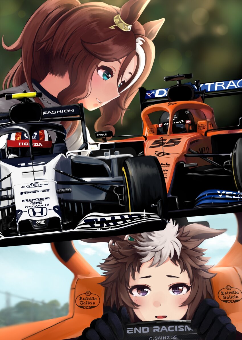 2girls absurdres animal_ears black_gloves blue_eyes blush car carlos_sainz carlos_sainz_(cosplay) cloud cosplay crying crying_with_eyes_open driving formula_one formula_racer gloves head_tilt helmet highres honda horse_ears mclaren mejiro_palmer_(umamusume) mejiro_ryan_(umamusume) motor_vehicle multicolored_hair multiple_girls open_mouth pierre_gasly pierre_gasly_(cosplay) pirelli ponytail purple_eyes race_vehicle racecar real_life red_bull short_hair sky spoiler_(automobile) streaked_hair tears umamusume vehicle_focus yanparap