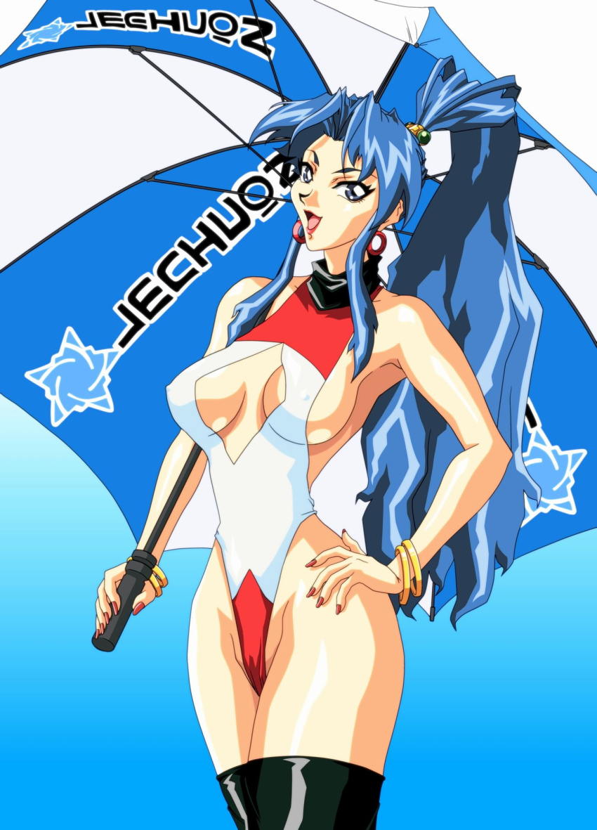 1990s_(style) 1girl choujin_gakuen_gowcaizer cleavage_cutout clothing_cutout fighting_game game hand_on_own_hip highres hishizaki_shaia_(gowcaizer) mitake_2000 race_queen retro_artstyle technos technos_japan umbrella