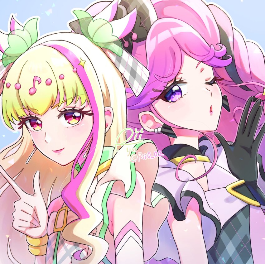 2girls arm_up bare_arms bare_shoulders black_gloves black_hair blonde_hair blowing_kiss blunt_bangs blush bracelet braid brooch cure_kiss cure_zukyuun dress earrings elbow_gloves finger_gun fortissimo frilled_ribbon frills gingham gingham_shirt gloves gradient_hair green_hair hair_ornament hair_ribbon hair_tie hair_wings hand_up highres jewelry kimi_to_idol_precure long_hair looking_at_viewer meroron_(human_form) multicolored_hair multiple_earrings multiple_girls musical_note musical_note_hair_ornament one_eye_closed parted_bangs pearl_earrings pink_eyes pink_hair precure puffy_short_sleeves puffy_sleeves purirun_(human_form) purple_eyes ribbon rii_(rii0_02) short_sleeves sideways_glance single_bare_shoulder sleeveless sleeveless_dress twin_braids twintails twitter_username upper_body very_long_hair white_gloves winged_hair_ornament wrist_cuffs