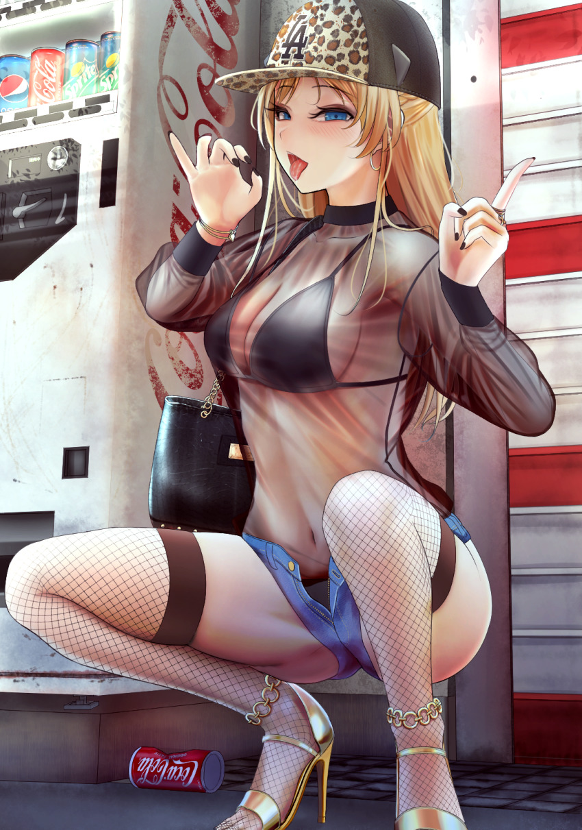 1girl anklet bad_id bad_pixiv_id bag baseball_cap black_nails black_shirt black_thighhighs blonde_hair blue_eyes blush bracelet breasts coca-cola denim denim_shorts earrings fellatio_gesture female_focus fishnet_thighhighs fishnets girls&#039;_frontline gold gold_sandals gyaru handbag hat high_heels highres hoop_earrings index_finger_raised jewelry k5_(girls&#039;_frontline) large_breasts long_hair looking_at_viewer medium_breasts nail_polish open_fly open_mouth pepsi revision sandals see-through_clothes see-through_shirt sexually_suggestive shirt shorts sidelocks smile solo sprite_(drink) squatting thighhighs tongue tongue_out turisasu vending_machine