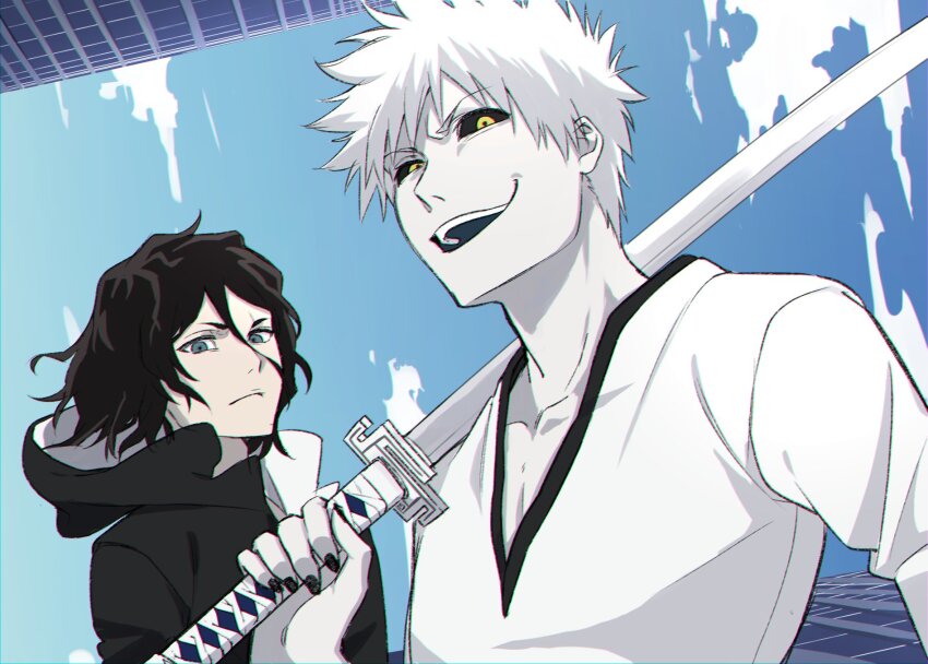 2boys alternate_form bankai black_hair black_sclera bleach blue_eyes blue_sky building closed_mouth cloud collarbone colored_sclera colored_skin hair_between_eyes highres holding holding_sword holding_weapon hollow_ichigo hood hood_down hooded_jacket jacket konetaa looking_at_viewer male_focus multiple_boys open_mouth outdoors over_shoulder pale_skin shirt short_hair sky sword teeth tensa_zangetsu_(bankai) two-sided_fabric upper_teeth_only weapon weapon_over_shoulder white_hair white_shirt white_skin yellow_eyes zangetsu_(bleach)