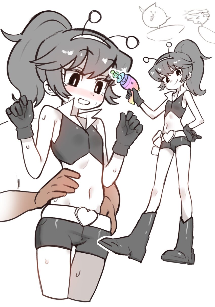 1girl 1other bare_shoulders blush boots commentary ebora energy_gun english_commentary fake_antennae flat_chest gloves grey_boots grey_gloves grey_hair grey_shorts hairband hand_in_pants hands_on_another&#039;s_stomach highres midriff momoco_(nyanko_daisensou) multiple_views navel nyanko_daisensou open_mouth out_of_frame pale_skin ponytail ray_gun short_hair short_shorts shorts sidelocks sweat weapon white_background