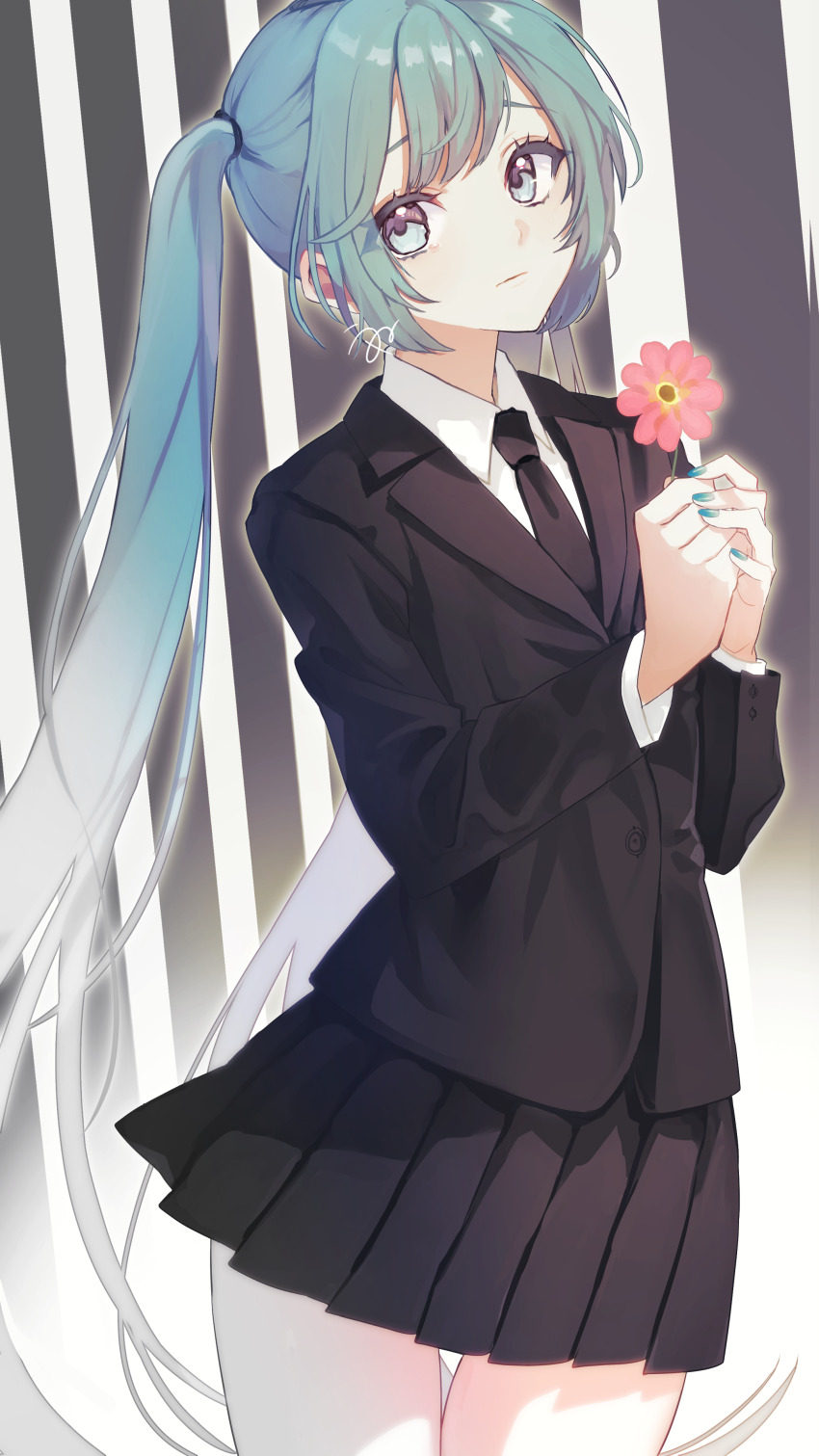 1girl absurdres aqua_eyes aqua_hair black_background black_jacket black_necktie black_skirt blazer blue_eyes blue_hair blue_nails dress_shirt flower formal_clothes hatsune_miku hatsune_miku_(saihate) highres holding holding_flower jacket long_hair looking_at_viewer necktie pleated_skirt sad saihate_(vocaloid) shirt simple_background skirt solo striped_background tearing_up twintails two-tone_background unu_(uacj3434) very_long_hair vocaloid white_background white_shirt