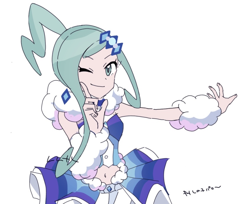 1girl 6l226 ;) arm_warmers asymmetrical_sidelocks blue_skirt blue_vest closed_mouth fur_scarf green_eyes green_hair hair_ornament hand_up hoshino_ruby_dance index_finger_raised lisia_(pokemon) looking_at_viewer nintendo one_eye_closed oshi_no_ko outstretched_arm overskirt pokemon pokemon_oras ponytail scarf shorts sidelocks simple_background skirt smile solo vest white_scarf white_shorts