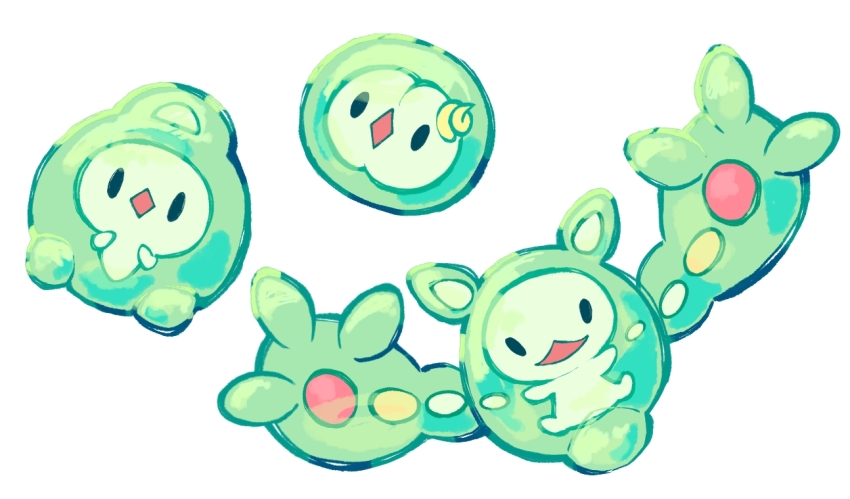 :d black_eyes commentary_request duosion evolutionary_line gen_5_pokemon looking_at_viewer neibii_(user_pwhs8455) nintendo no_humans open_mouth pokemon pokemon_(creature) reuniclus simple_background smile solid_oval_eyes solosis white_background