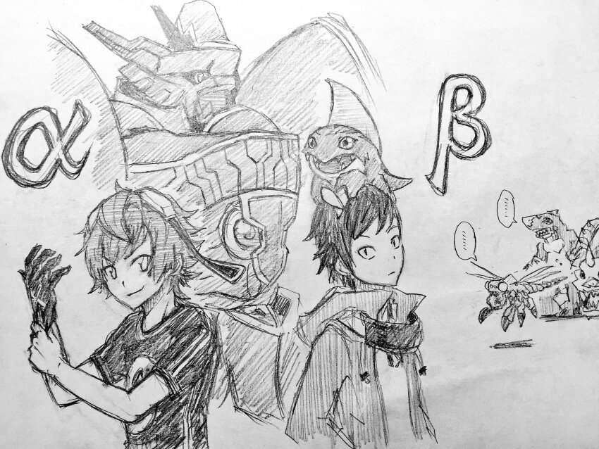 2boys alphamon armor betamon deltamon digicore digimon digimon_(creature) highres horns multiple_boys sandyanmamon skull tail yanmamon