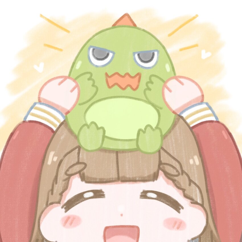 1girl animal animal_on_head braid brown_hair center-flap_bangs commentary_request facing_viewer gonzales_(love_live!) hasu_no_sora_school_uniform heart highres holding holding_stuffed_toy kachimachi_kosuzu link!_like!_love_live! long_hair long_sleeves love_live! on_head school_uniform side_braids solo straight_hair stuffed_animal stuffed_dinosaur stuffed_toy tenrino v-shaped_eyes virtual_youtuber winter_uniform yellow_background