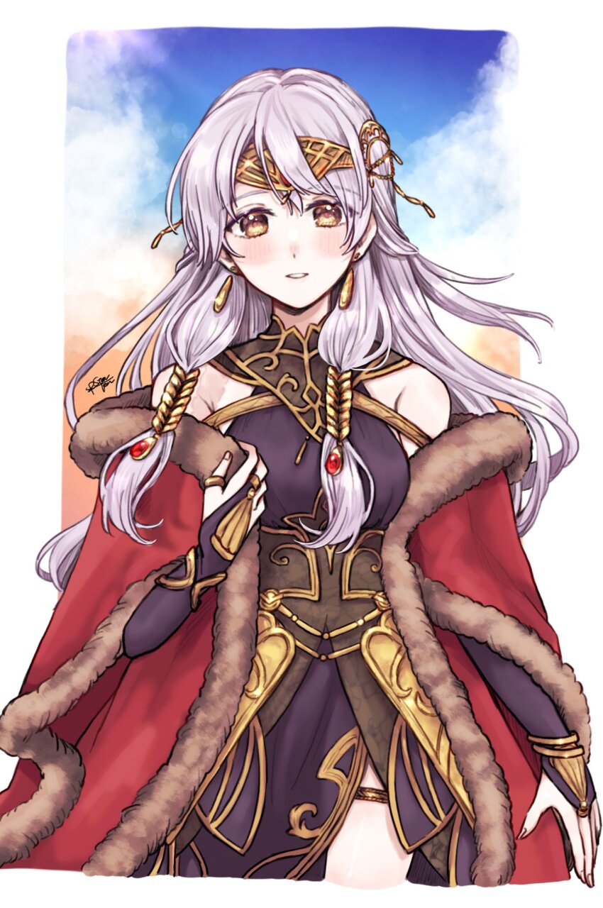 1girl bare_shoulders black_dress bridal_gauntlets cape circlet coat dress earrings fire_emblem fire_emblem:_radiant_dawn fire_emblem_cipher fire_emblem_heroes fur_trim gloves grey_hair half_updo highres jewelry long_hair looking_at_viewer micaiah_(fire_emblem) micaiah_(radiant_queen)_(fire_emblem) misato_hao nintendo red_cape side_slit simple_background sleeveless sleeveless_dress smile solo yellow_eyes