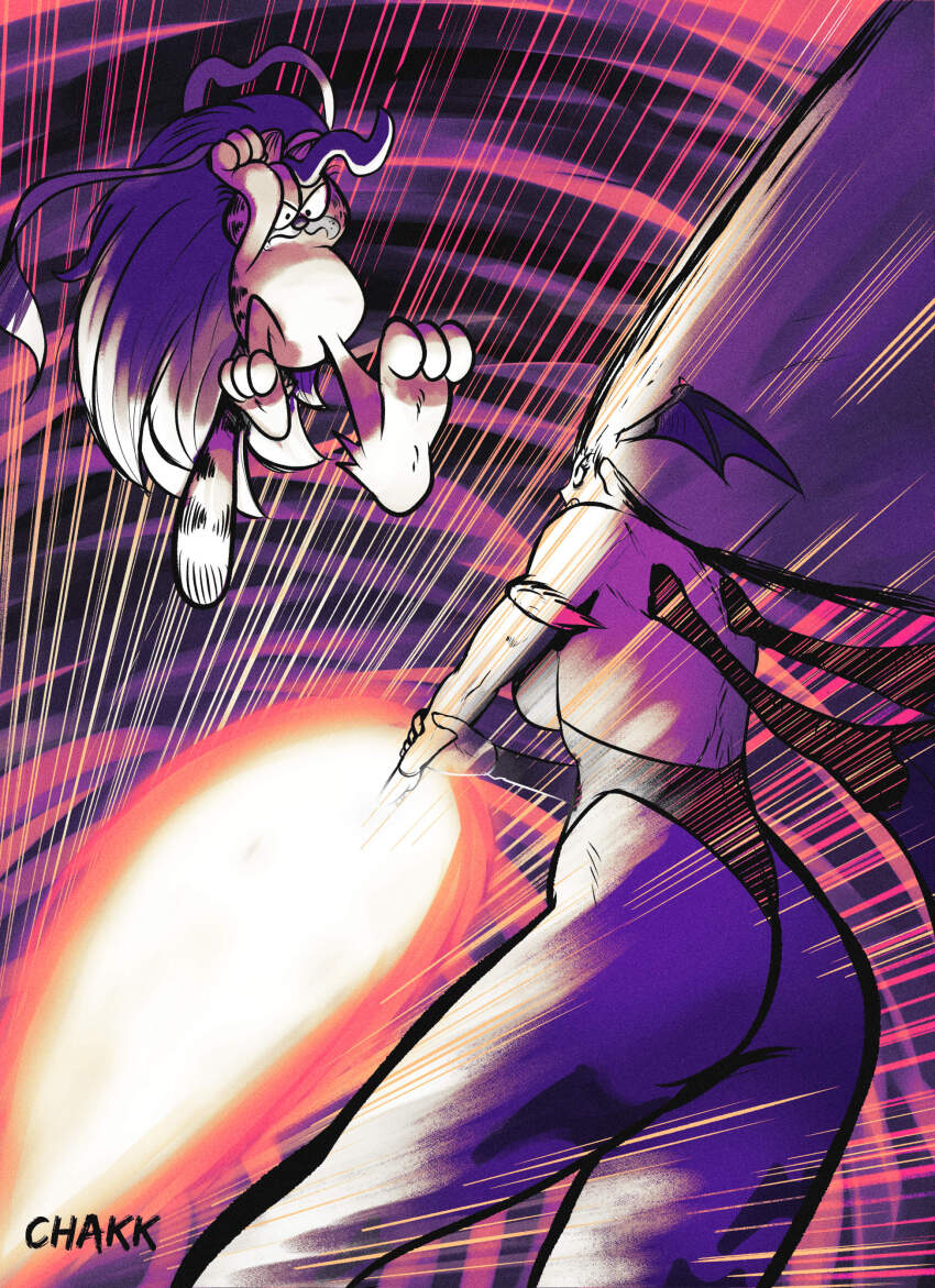 1boy 1girl absurdres animal_print artist_name ass bat_print bat_wings black_leotard blue_hair breasts capcom chakkrx chakkux cosplay crossover darkstalkers demon_girl felicia_(darkstalkers) felicia_(darkstalkers)_(cosplay) fighting fingerless_gloves from_below garfield garfield_(character) gloves head_wings highres holding_own_arm incoming_attack kicking laser leotard long_hair looking_at_another morrigan_aensland pantyhose serious sideboob wings