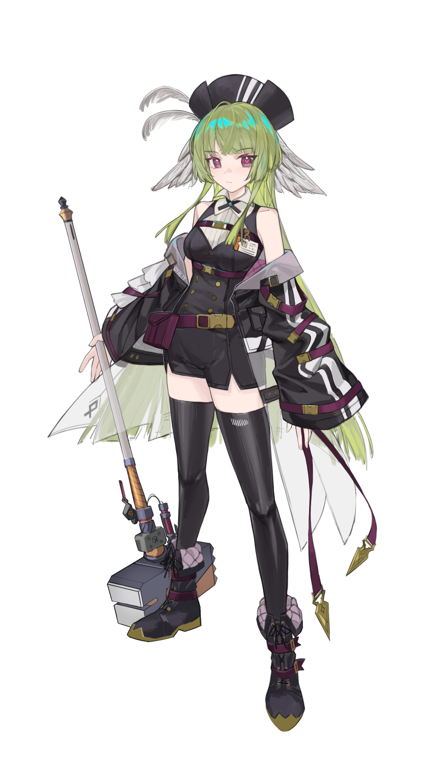 1girl absurdres arknights bare_shoulders bird_girl black_boots black_hair black_hat black_jacket black_romper black_thighhighs boots chest_strap closed_mouth commentary_request fang_bai_doufu_wu feather_hair feathers full_body green_hair hammer hat hat_feather highres holding holding_hammer id_card jacket long_hair long_sleeves looking_at_viewer open_clothes open_jacket pink_eyes poncirus_(arknights) simple_background solo thighhighs very_long_hair white_background white_feathers wide_sleeves