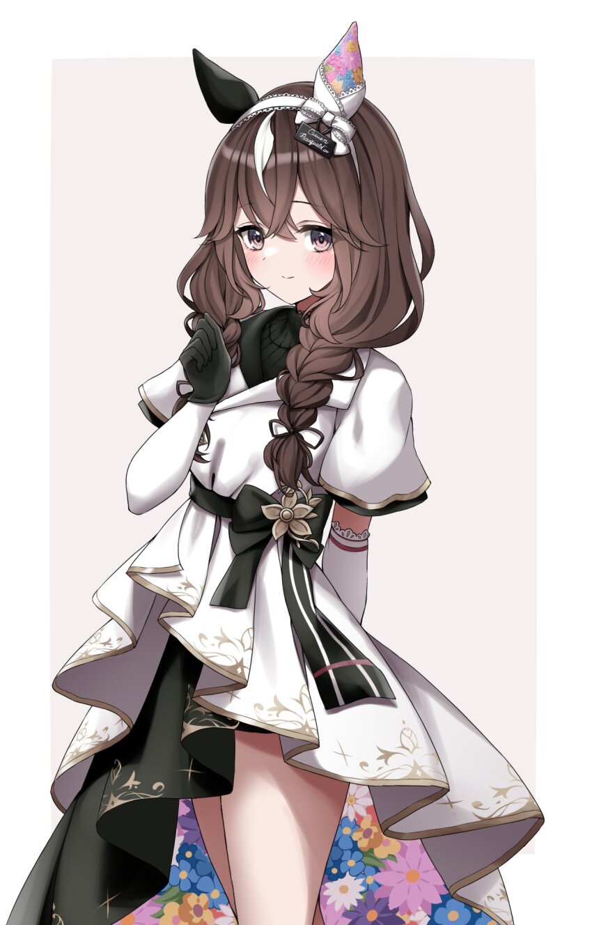 1girl alan_(210bush) animal_ears blush braid breasts brown_hair curren_bouquetd&#039;or_(umamusume) dress elbow_gloves gloves grey_eyes hair_between_eyes hair_ornament hairband highres horse_girl looking_at_viewer low_twin_braids simple_background smile solo twin_braids umamusume white_background