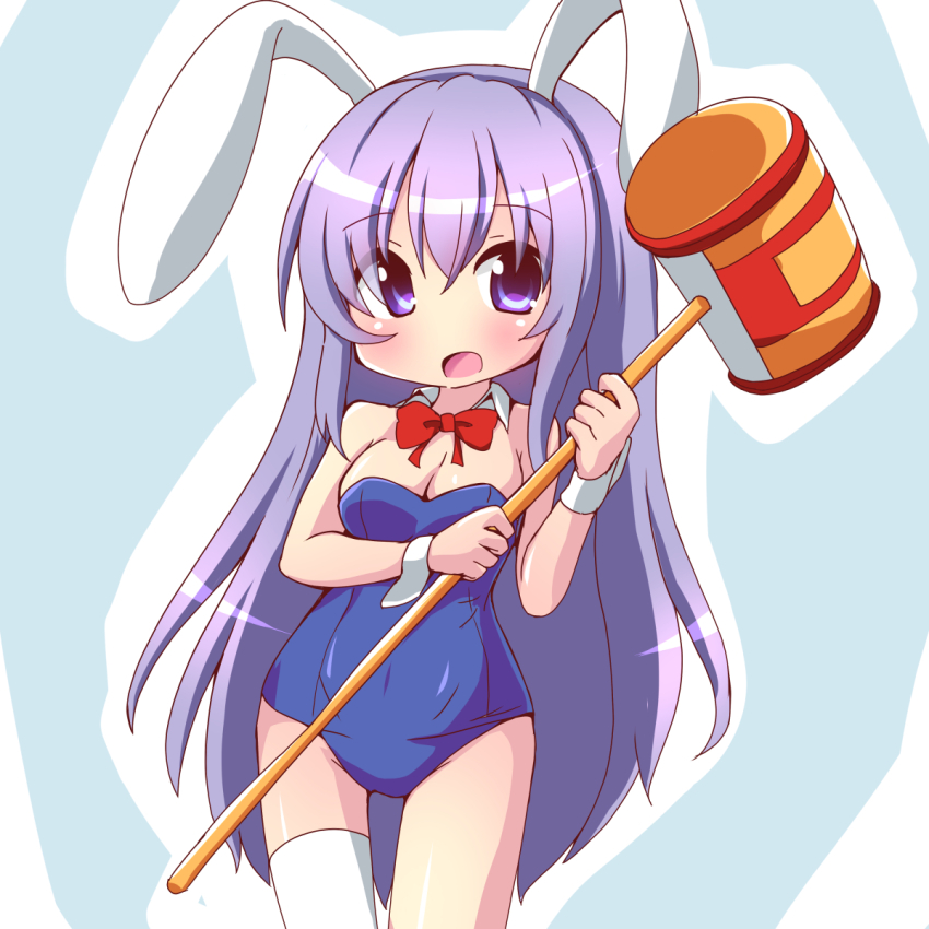 1girl animal_ears asymmetrical_legwear bare_arms bare_shoulders blush breasts cleavage covered_navel erina_(rabi-ribi) geo_(yukishitadou) hammer highres holding holding_hammer leotard long_hair medium_breasts open_mouth playboy_bunny purple_eyes purple_hair purple_leotard rabbit_ears rabi-ribi single_thighhigh solo thighhighs toy_hammer very_long_hair white_thighhighs white_wrist_cuffs wrist_cuffs
