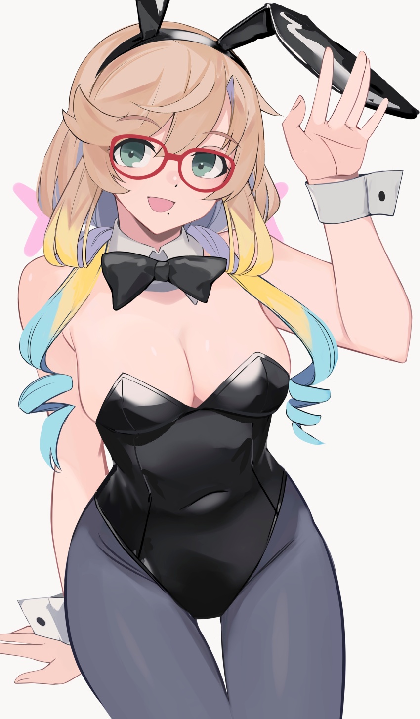 1girl absurdres animal_ear_hairband animal_ears black_bow black_bowtie black_leotard black_pantyhose blonde_hair blue_hair bow bowtie breasts cleavage detached_collar drill_hair glasses gradient_hair grey_hair haruno_sora highres large_breasts leotard long_hair looking_at_viewer medium_breasts multicolored_hair open_mouth pantyhose playboy_bunny rabbit_ear_hairband rabbit_ears red-framed_eyewear solo strapless strapless_leotard twin_drills ubah voiceroid wrist_cuffs