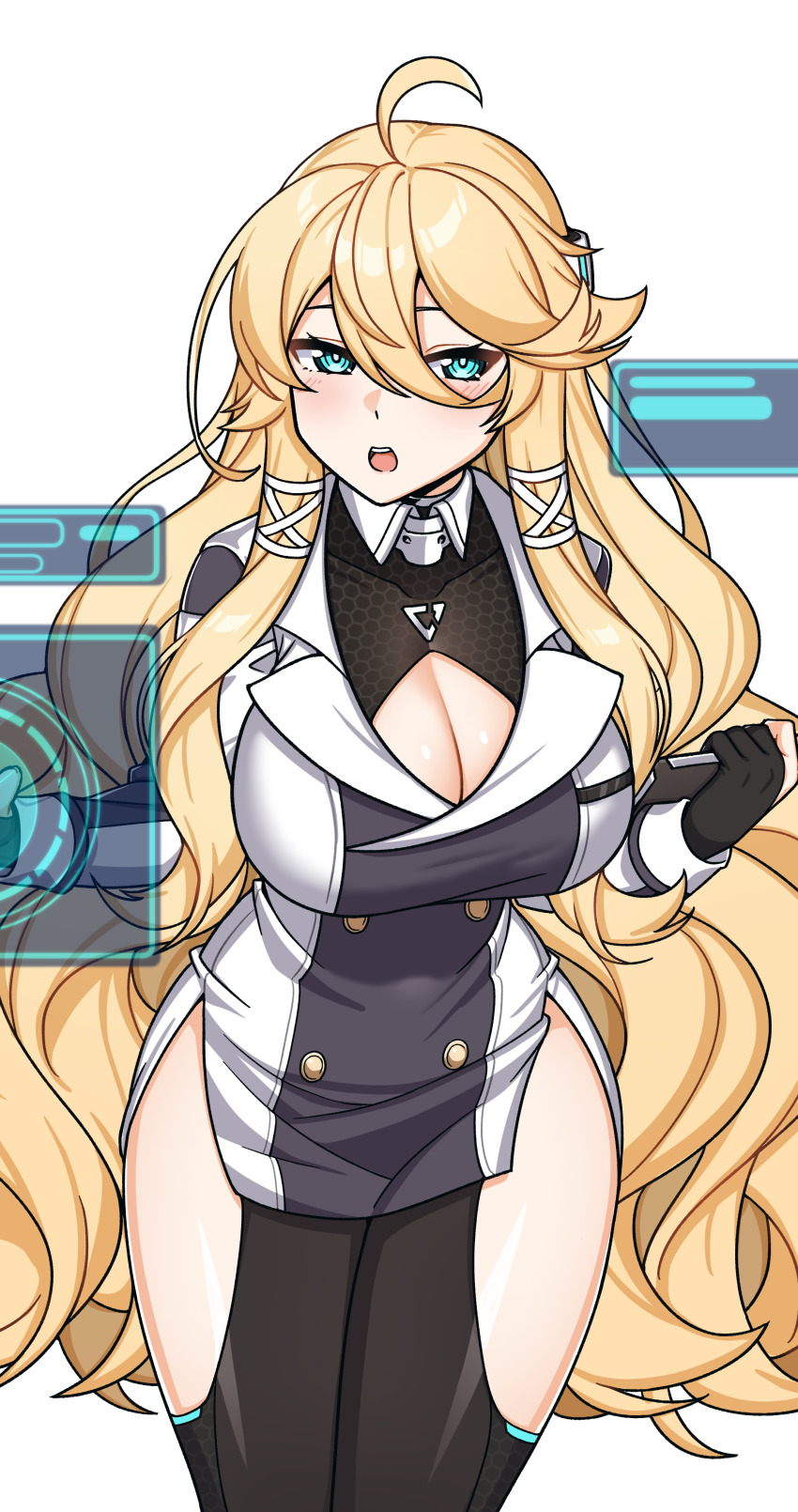 1girl absurdres ahoge aqua_eyes averting_eyes blacha_(dkskek157) black_gloves black_thighhighs blonde_hair breasts cleavage cleavage_cutout clipboard clothing_cutout commentary_request counter:side covered_collarbone cowboy_shot cropped gloves hair_between_eyes highres holding holding_clipboard holographic_interface honeycomb_(pattern) jacket korean_commentary large_breasts light_blush long_hair long_sleeves moneka_(counter:side) open_mouth partially_fingerless_gloves side_slit sidelocks simple_background solo teeth thigh_cutout thighhighs upper_teeth_only very_long_hair wavy_hair white_background white_jacket