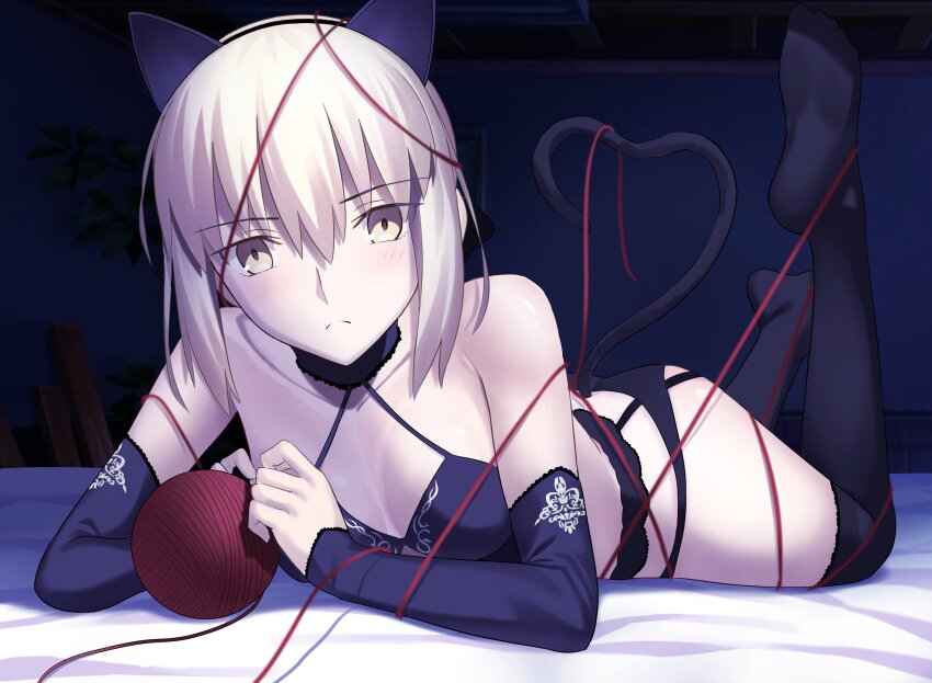1girl absurdres animal_ears artoria_pendragon_(fate) ass bare_shoulders black_bra black_panties black_thighhighs blonde_hair blush bow bra breasts commentary elbow_gloves english_commentary fake_animal_ears fake_tail fate/grand_order fate_(series) garter_belt garter_straps gloves highres indoors long_hair longdq3008 looking_at_viewer lying on_bed on_stomach panties saber_alter small_breasts solo tail thighhighs underwear yellow_eyes