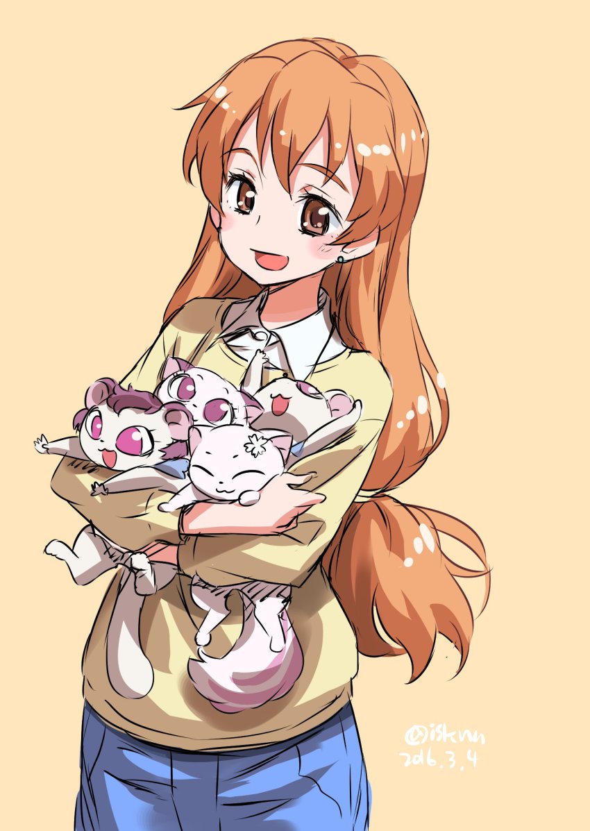 00s 1girl :3 aged_up alternate_hairstyle animal animal_hug azukina_(fresh_precure!) brown_eyes brown_hair collared_shirt dated denim denim_skirt earrings ferret fresh_precure! hair_tie highres holding holding_animal if_they_mated isedaichi_ken jewelry layered_clothes long_hair long_skirt one-hour_drawing_challenge precure purple_eyes shirt signature simple_background skirt smile stud_earrings tart_(fresh_precure!) time_paradox yamabuki_inori yellow_background
