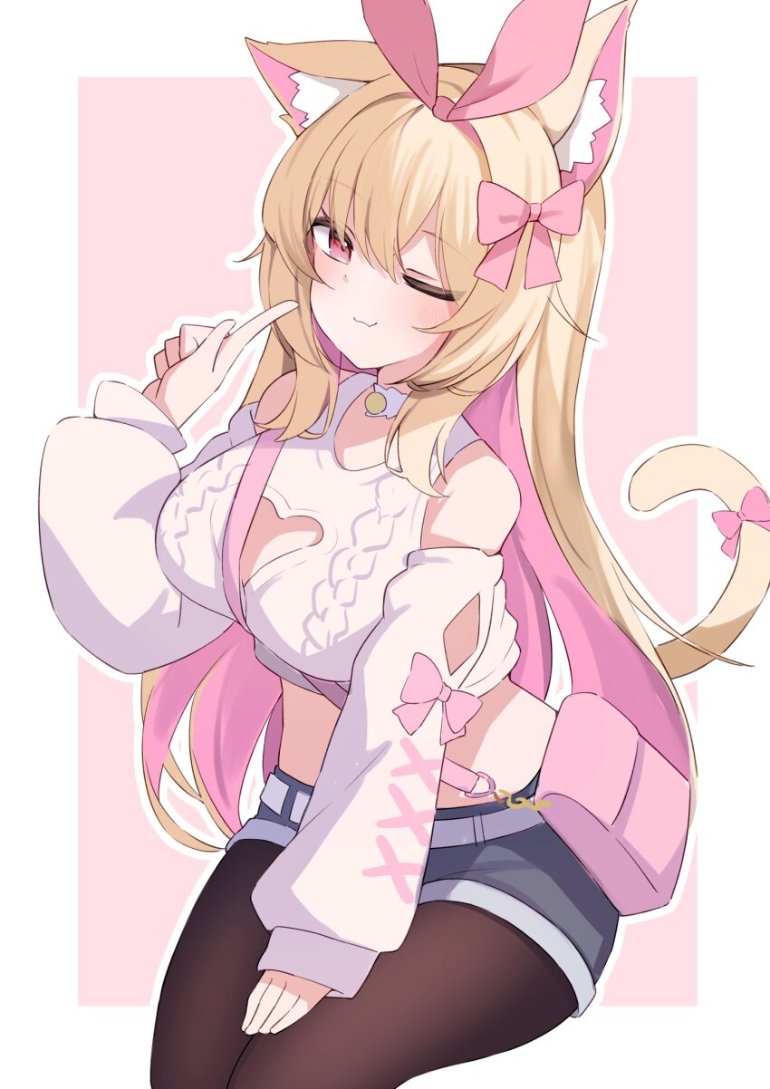 1girl ;) ;3 animal_ear_fluff animal_ears bag bare_shoulders belt between_breasts black_pantyhose blonde_hair blue_shorts bow breasts brown_pantyhose cat_ears cat_girl cat_tail choker cleavage cleavage_cutout closed_mouth clothing_cutout colored_inner_hair crop_top denim denim_shorts detached_sleeves hair_bow hand_up handbag heart_cutout highres index_finger_raised large_breasts long_hair long_sleeves looking_at_viewer midriff multicolored_hair one_eye_closed pantyhose pantyhose_under_shorts pink_background pink_hair red_eyes ribbon sara_(vrchat) shirt short_shorts shorts shoulder_bag shoulder_cutout sitting six_box sleeveless smile solo sweater tail tail_bow tail_ornament tail_raised thighs two-tone_hair very_long_hair vrchat white_choker white_shirt white_sweater