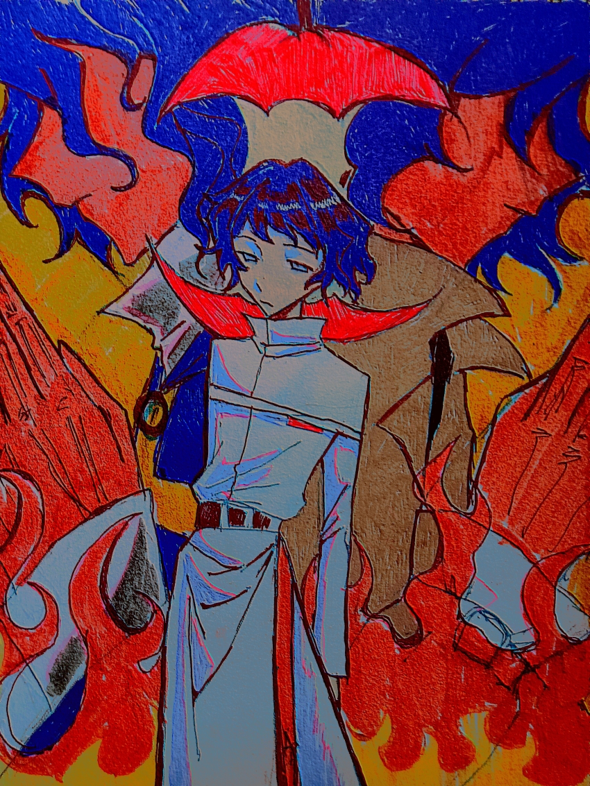 1boy absurdres apple apple_core belt black_belt blank_stare blue_eyes blue_hair capelet chinese_commentary closed_mouth commentary_request fire food fruit highres long_sleeves male_focus multiple_views pants paparenbale red_pants saibou_shinkyoku short_hair utsugi_noriyuki white_capelet
