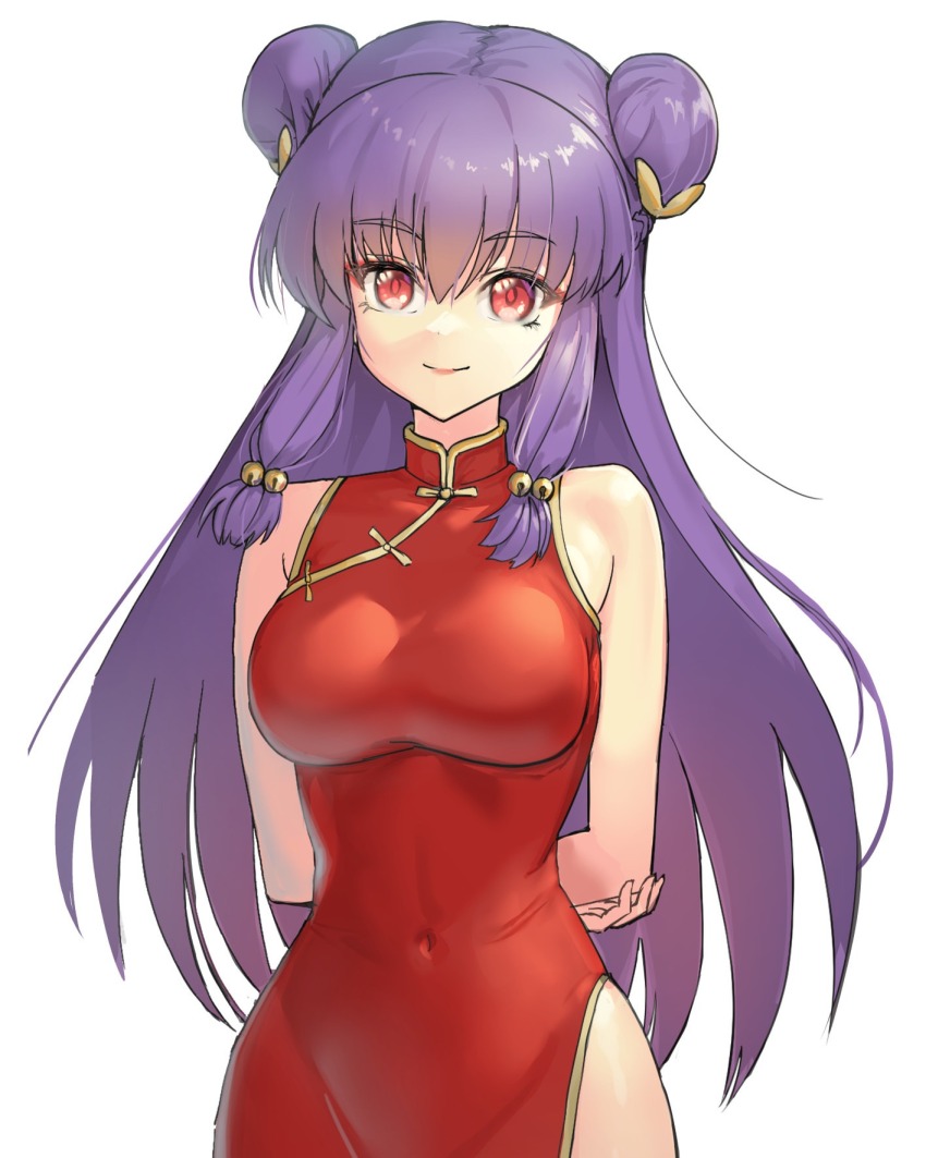 1girl china_dress chinese_clothes double_bun dress hair_bun highres long_hair looking_at_viewer purple_hair ranma_1/2 red_dress shampoo_(ranma_1/2) sidelocks smile solo
