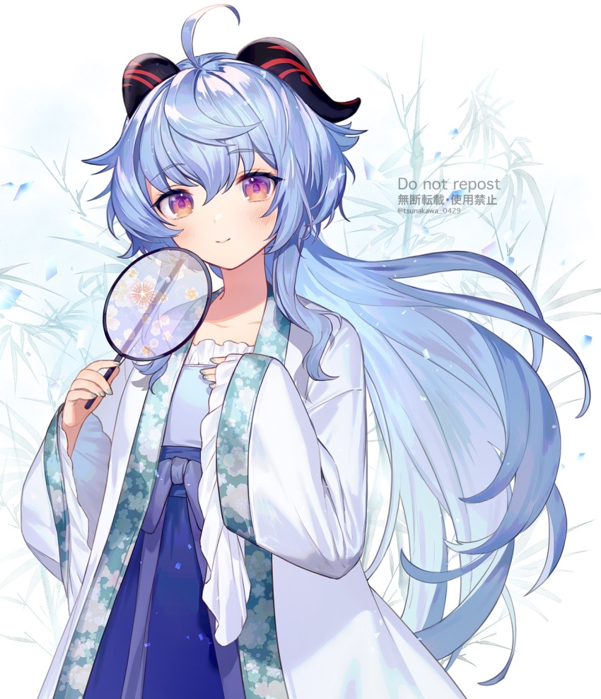 1girl alternate_costume blue_hair blue_nails blush chinese_clothes floral_print frilled_sleeves frills ganyu_(genshin_impact) genshin_impact hair_between_eyes hand_fan highres holding horns long_hair long_sleeves looking_at_viewer nail_polish sidelocks smile solo tsunakawa very_long_hair wide_sleeves