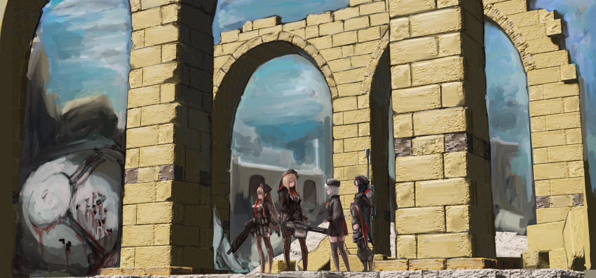 4girls absolute_(nikke) absurdres black_hair blurry brown_hair building dashimaki_(dasimakitama50) depth_of_field emma_(nikke) eunhwa_(nikke) goddess_of_victory:_nikke grey_hair gun hat highres holding holding_gun holding_weapon multiple_girls outdoors rapi_(nikke) rapture_(nikke) sky stone_building vesti_(nikke) weapon