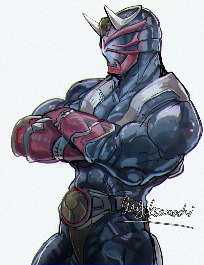1boy black_bodysuit bodysuit crossed_arms from_side highres kamen_rider kamen_rider_hibiki kamen_rider_hibiki_(series) kusamochi_(aug_kusamochi) male_focus profile rider_belt simple_background solo twitter_username white_background