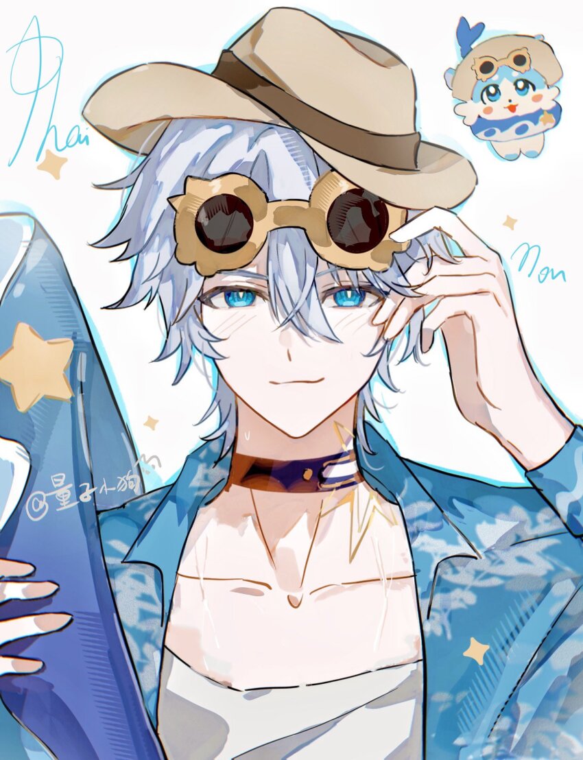 1boy :3 adjusting_eyewear alternate_costume black_choker blue_eyes blue_shirt bubbles_(honkai:_star_rail) character_name choker collarbone commentary_request d-aprken eyewear_on_head hair_between_eyes hand_on_eyewear hat highres holding holding_swim_ring honkai:_star_rail honkai_(series) innertube looking_at_viewer male_focus open_clothes open_shirt phainon_(honkai:_star_rail) print_shirt shirt short_hair simple_background solo sun_symbol sun_tattoo sunglasses swim_ring tan upper_body white_background white_hair white_shirt