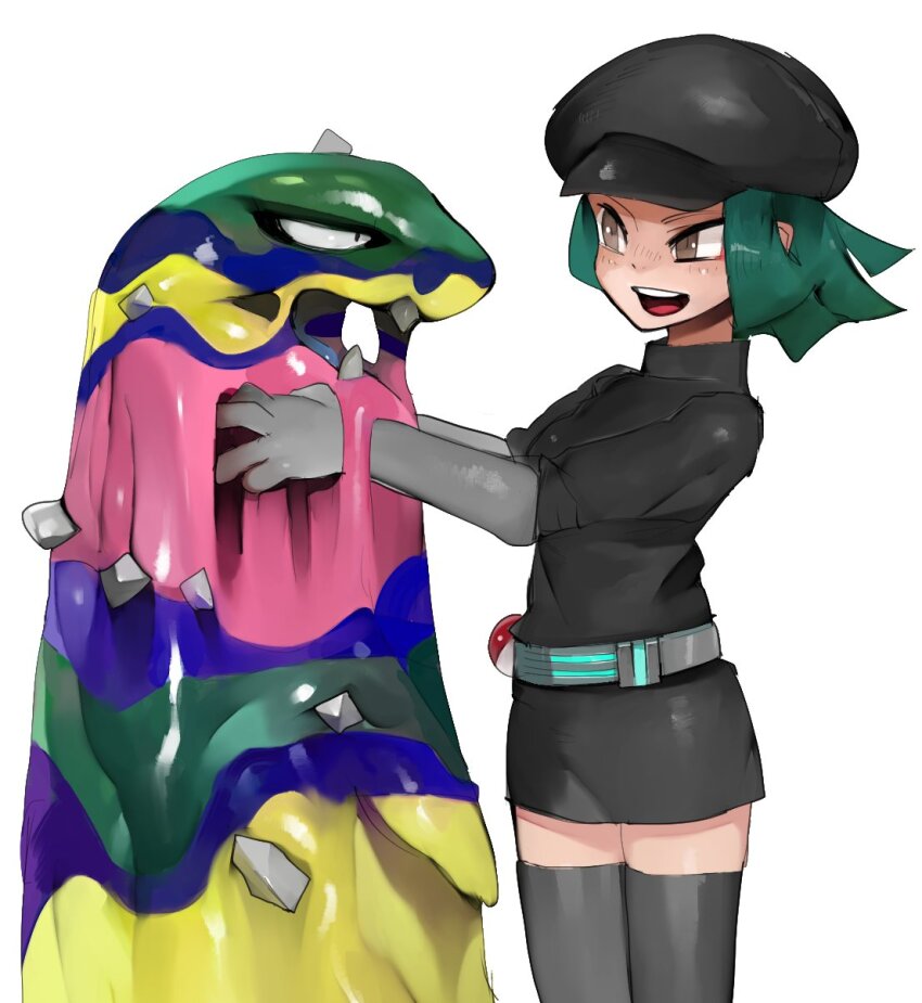 1girl :d alolan_form alolan_muk aqua_hair belt black_dress black_hat black_thighhighs brown_eyes newsboy_cap dress elbow_gloves gen_7_pokemon gloves grey_belt grey_gloves hat highres holding holding_pokemon jpeg_artifacts legs_together nintendo open_mouth poke_ball poke_ball_(basic) pokemon pokemon_(creature) pokemon_usum raichiyo short_dress short_hair simple_background smile standing team_rainbow_rocket team_rainbow_rocket_grunt team_rainbow_rocket_uniform teeth thighhighs tsurime upper_teeth_only waist_poke_ball white_background zettai_ryouiki