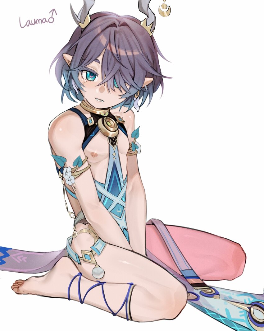 1boy absurdres adapted_costume aged_down antlers aqua_eyes armlet bana_gameg bare_arms bare_legs bare_pectorals bare_shoulders barefoot between_legs blue_hair bob_cut breast_cutout breastless_clothes character_name commentary earrings english_commentary expressionless flower full_body genderswap genderswap_(ftm) genshin_impact gold gold_armlet gradient_hair grey_hair hair_intakes hair_over_one_eye hand_between_legs highres horns jewelry lauma_(genshin_impact) legs_folded looking_at_viewer male_focus mars_symbol multicolored_hair multiple_earrings neck_ring nipples one_eye_covered parted_lips pectorals pelvic_curtain pink_pupils pointy_ears puffy_male_chest revealing_clothes short_hair simple_background sitting soles solo symbol-shaped_pupils tears toes two-tone_hair wariza white_background white_flower
