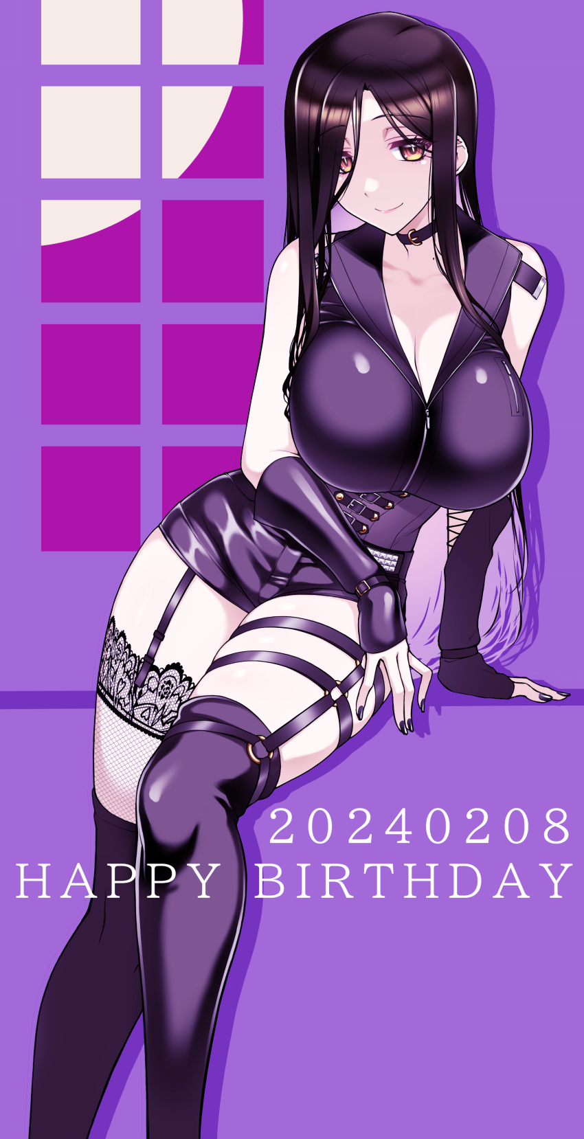 1girl absurdres asymmetrical_legwear belt black_corset black_hair breasts colored_inner_hair corset highres huge_breasts koishikawa lace lace-trimmed_legwear lace_trim long_hair looking_at_viewer multicolored_hair nijisanji orange_eyes shirayuki_tomoe shirayuki_tomoe_(9th_costume) shorts smile solo thighhighs virtual_youtuber white_belt