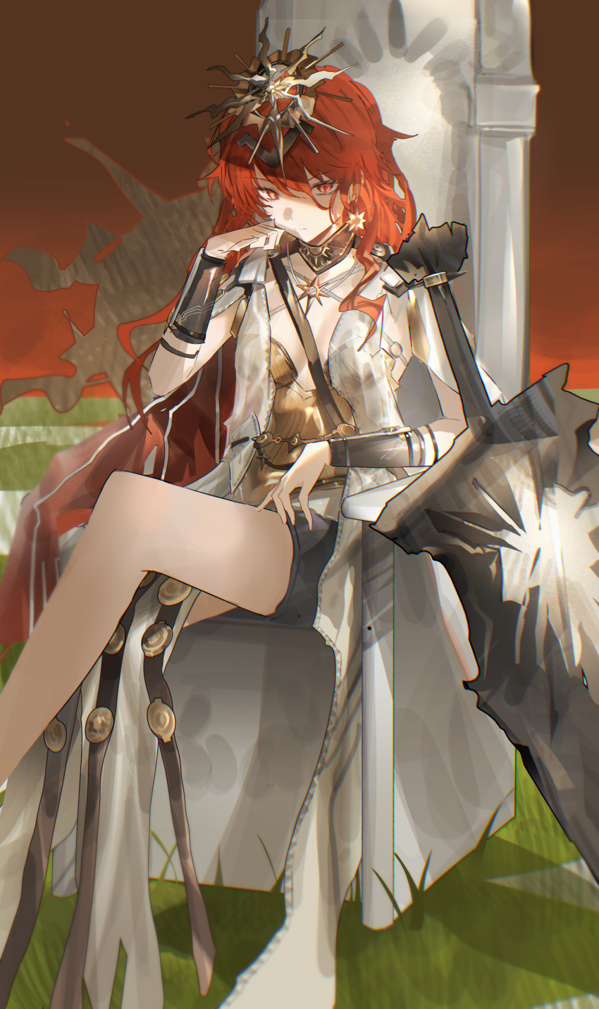 1girl absurdres armor augusta_(wuthering_waves) black_collar breastplate chinsetsu_yumiharizuki collar commentary_request earrings greatsword hair_between_eyes headgear highres jewelry long_hair looking_at_viewer milbi orange_eyes red_hair sitting solo sun_earrings sword very_long_hair weapon wrist_guards wuthering_waves