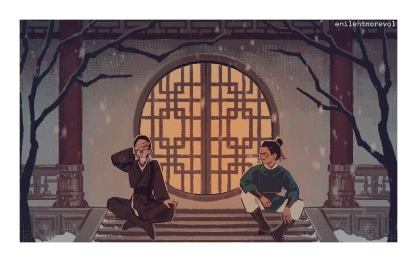 architecture artist_name bare_tree black_boots black_hair black_hanfu black_pants black_robe boots border bracer breath brown_boots brown_ribbon chinese_clothes courtyard covering_own_mouth door east_asian_architecture enilehtnorevol feng_xin glaring green_hanfu green_tunic hair_bun hair_ribbon hand_over_own_mouth hanfu indian_style layered_clothes long_sleeves mu_qing_(tianguan_cifu) outdoors pants railing red_robe ribbon robe single_hair_bun sitting sitting_on_stairs snow snowing stairs tianguan_cifu topknot tree tunic white_border white_pants white_robe winter