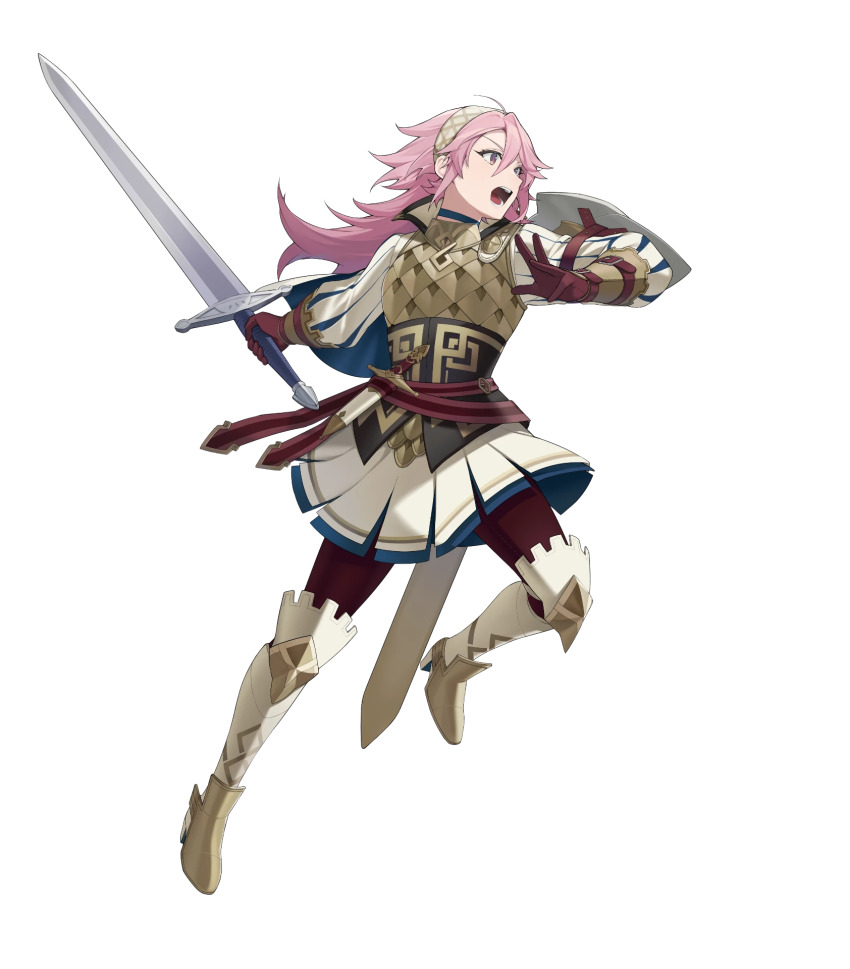 1girl arm_shield attack brown_gloves fire_emblem fire_emblem_fates fire_emblem_heroes gloves headband highres holding holding_sword holding_weapon leggings nintendo non-web_source official_alternate_costume official_art open_mouth pink_eyes pink_hair puffy_sleeves skirt soleil_(fire_emblem) soleil_(resplendent)_(fire_emblem) solo spiked_hair sword v-shaped_eyebrows vambraces weapon