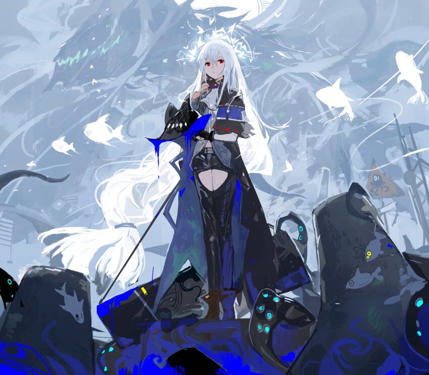 1girl alchemaniac arknights ascot bag black_footwear black_gloves black_headwear black_jacket black_pants boots clothing_cutout fish gloves graffiti grey_ascot grey_shirt hat highres holding holding_unworn_clothes holding_unworn_hat jacket long_hair looking_at_viewer low-tied_long_hair navel navel_cutout pants red_eyes shirt sign skadi&#039;s_seaborn_(arknights) skadi_(arknights) tentacles thigh_cutout unworn_hat unworn_headwear very_long_hair white_hair