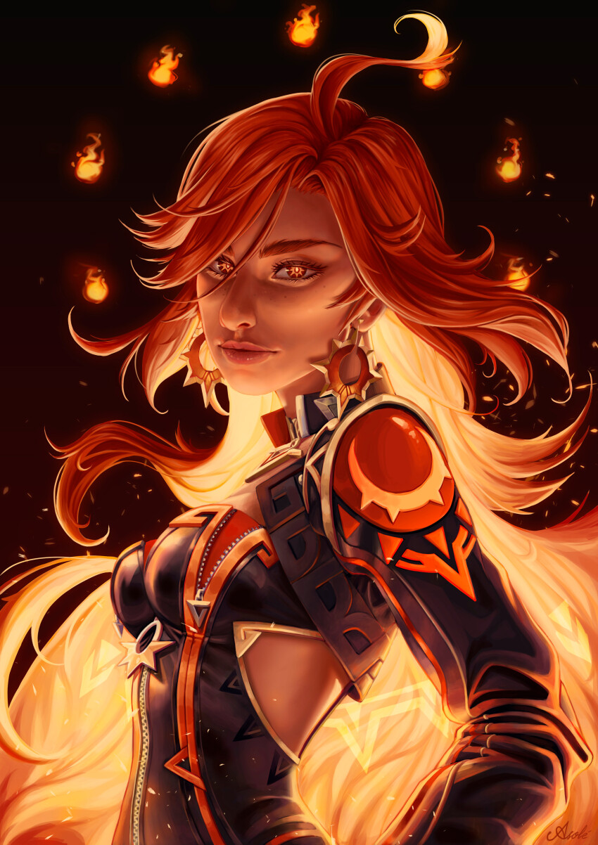 1girl a_thousand_blazing_suns_(genshin_impact) absurdres biker_clothes bikesuit black_bodysuit bodysuit earrings flamestrider_(genshin_impact) genshin_impact highres jewelry long_hair long_sleeves looking_at_viewer mavuika_(genshin_impact) multicolored_hair orange_eyes orange_hair orange_pupils portrait red_hair solo sun_earrings symbol_in_eye two-tone_hair very_long_hair