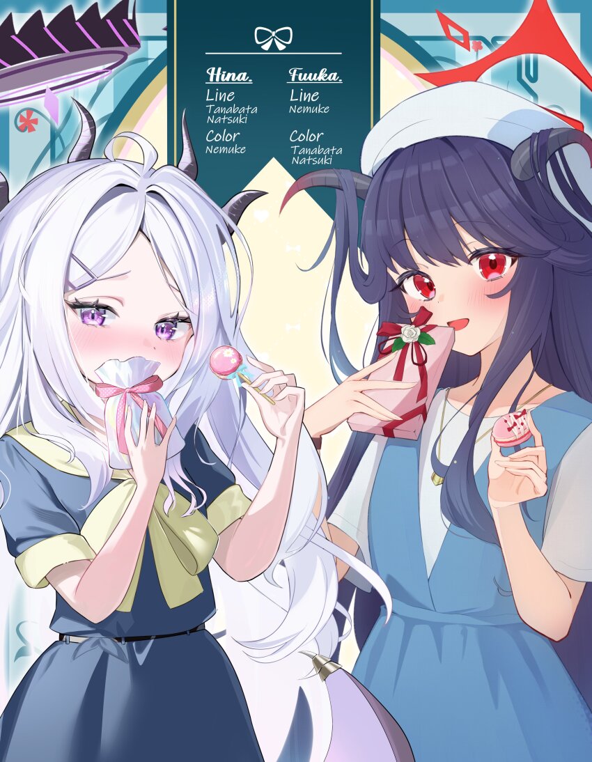 2girls =_hair_ornament absurdres ahoge alternate_costume artist_collaboration artist_name beret black_hair black_halo black_horns black_shirt black_skirt blue_archive blue_dress blush bow box character_name commentary_request covering_own_mouth cowboy_shot demon_girl demon_horns demon_wings dress embarrassed eyelashes food furrowed_brow fuuka_(blue_archive) gift gift_box hair_on_horn hair_ornament hairclip halo hands_up hat highres hina_(blue_archive) holding holding_box holding_food holding_gift horns long_hair looking_at_viewer low_wings macaron multiple_girls nemuri_gbng nose_blush official_alternate_costume open_mouth parted_bangs purple_eyes red_eyes red_halo shirt short_sleeves skirt sleeveless sleeveless_dress slit_pupils smile tanabata_natsuki tsurime very_long_hair white_hair white_hat white_shirt wings yellow_bow