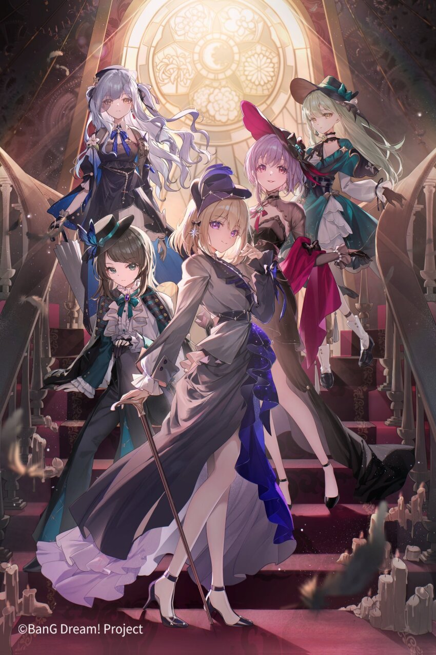 5girls ave_mujica_(bang_dream!) bang_dream! bang_dream!_it&#039;s_mygo!!!!! bison_cangshu black_dress black_hair black_hat black_pants black_ribbon black_shoes blonde_hair blue_hair blue_ribbon bug butterfly candle cane chinese_commentary commentary_request dress flower flower_request gloves green_hair grey_dress hair_between_eyes hair_ribbon hand_up hat high_heels highres holding holding_cane holding_umbrella insect key_visual long_hair medium_hair misumi_uika multiple_girls neck_ribbon official_art pants promotional_art purple_eyes purple_hair ribbon shoes single_glove stairs togawa_sakiko umbrella veil wakaba_mutsumi white_flower yahata_umiri yellow_eyes yuutenji_nyamu