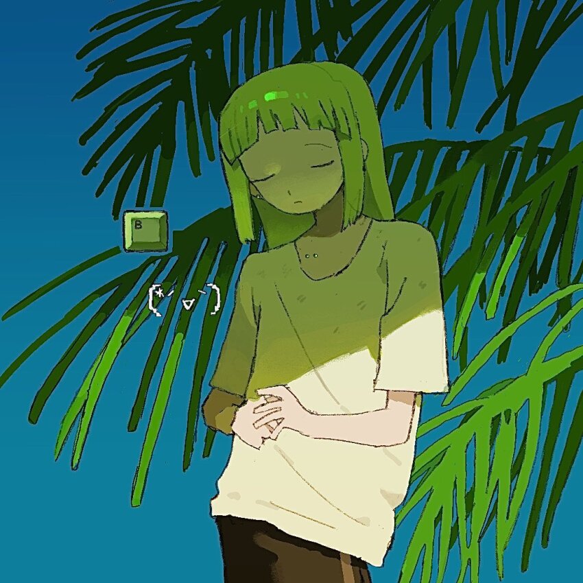 1girl closed_eyes closed_mouth emoticon green_hair kaomoji long_hair original outdoors own_hands_together palm_leaf plant ru-neo_(neoru18436) shirt short_sleeves solo standing t-shirt white_shirt