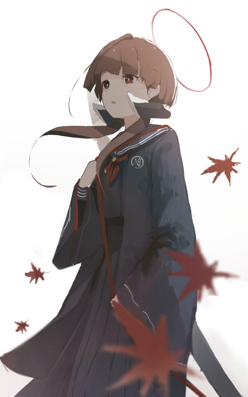 1girl absurdres black_sailor_collar black_serafuku halo highres holding_behind_back holding_weapon_behind_back katana kyatto-mikazu leaf low_twintails maple_leaf neckerchief ohitome_kohane ootachi project_kv red_halo red_neckerchief sailor_collar school_uniform serafuku simple_background solo sword sword_on_back twintails weapon weapon_on_back white_background