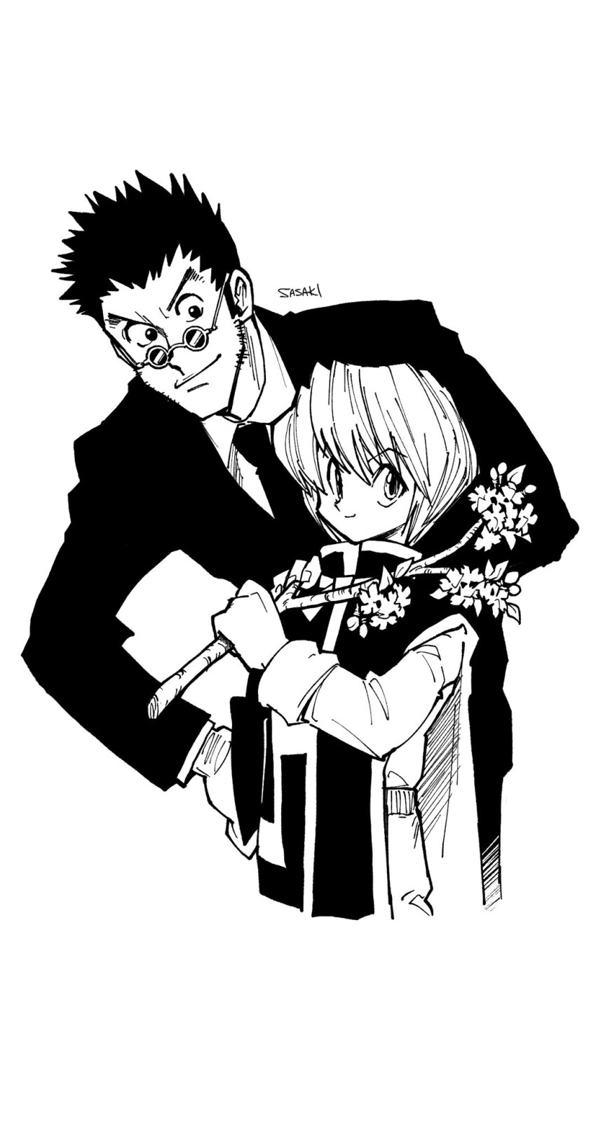 2boys black_suit branch flower formal_clothes greyscale highres holding holding_branch hunter_x_hunter kurapika leorio_paladiknight long_sleeves looking_at_viewer male_focus monochrome multiple_boys necktie round_eyewear sasaki_koguma short_hair simple_background spiked_hair standing suit tabard upper_body white_background