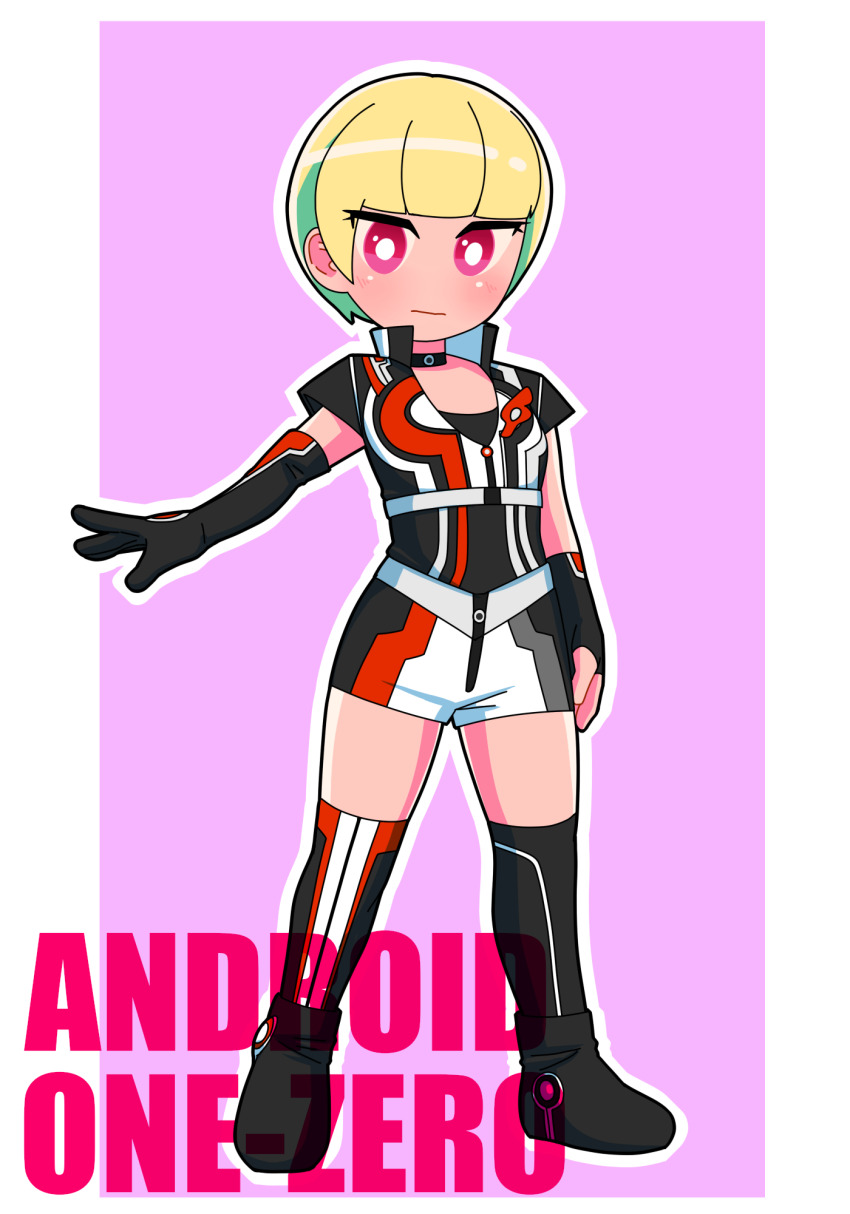 1girl :| android animification asymmetrical_gloves asymmetrical_legwear black_boots black_choker black_gloves black_jacket black_shorts black_tank_top blonde_hair blunt_bangs bob_cut boots border breasts bright_pupils choker closed_mouth collared_jacket colored_inner_hair commentary elbow_gloves expressionless fingerless_gloves full_body gloves green_hair grey_jacket grey_shorts hand_on_own_hip highres horizontal-striped_thighhighs jacket jitome legs_apart looking_down mismatched_legwear multicolored_gloves multicolored_hair multicolored_jacket multicolored_shorts multicolored_thighhighs no_nose outstretched_arm partially_open_jacket pink_background pink_eyes popped_collar red_gloves red_jacket red_thighhighs short_hair short_shorts short_sleeves shorts single_elbow_glove single_fingerless_glove small_breasts solo standing striped_clothes striped_gloves striped_jacket striped_shorts striped_thighhighs tank_top thighhighs thighs tokusatsu tsubasa_(godbardtsubasa) two-tone_gloves two-tone_hair ultra_series ultraman_ginga_(series) ultraman_ginga_s white_border white_pupils white_shorts zero_one zipper