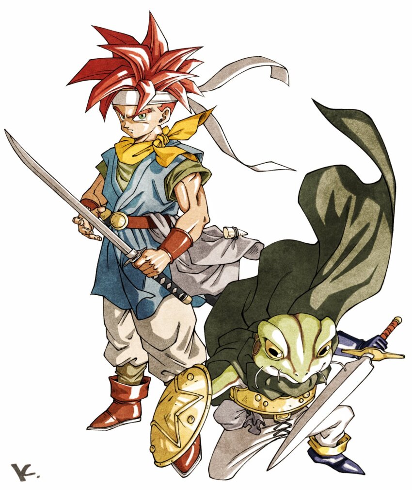 2boys bandana belt biceps black_footwear blue_tunic boots brown_belt cape chrono_trigger colored_sclera crono_(chrono_trigger) frog_(chrono_trigger) frog_boy green_cape green_eyes grey_pants headband highres holding holding_shield holding_sword holding_weapon initial kakeru_(dbskakeru) katana looking_at_viewer multiple_boys muscular muscular_male official_style pants red_footwear red_hair shield simple_background sleeveless spiked_hair sword toriyama_akira_(style) tunic weapon white_background white_headband white_pants yellow_bandana yellow_sclera