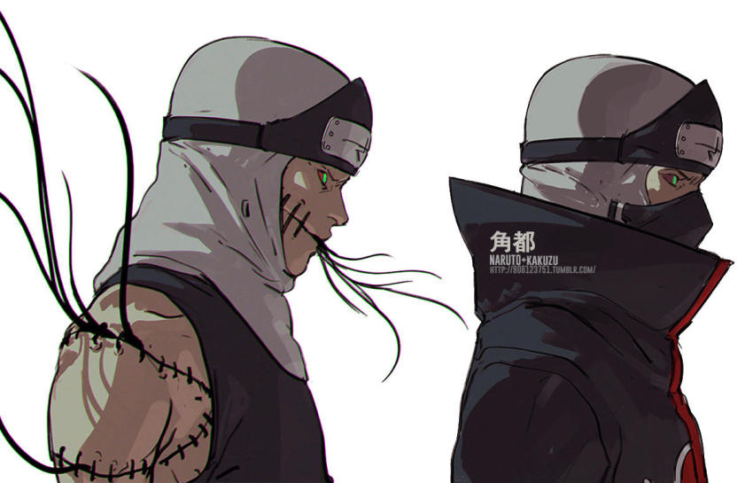 1boy akatsuki_(naruto) akatsuki_uniform character_name character_profile reference_sheet closed_mouth dark-skinned_male dark_skin fisher903 forehead_protector green_eyes in_mouth kakuzu_(naruto) mask mouth_mask naruto_(series) naruto_shippuuden ninja ninja_mask simple_background solo white_background