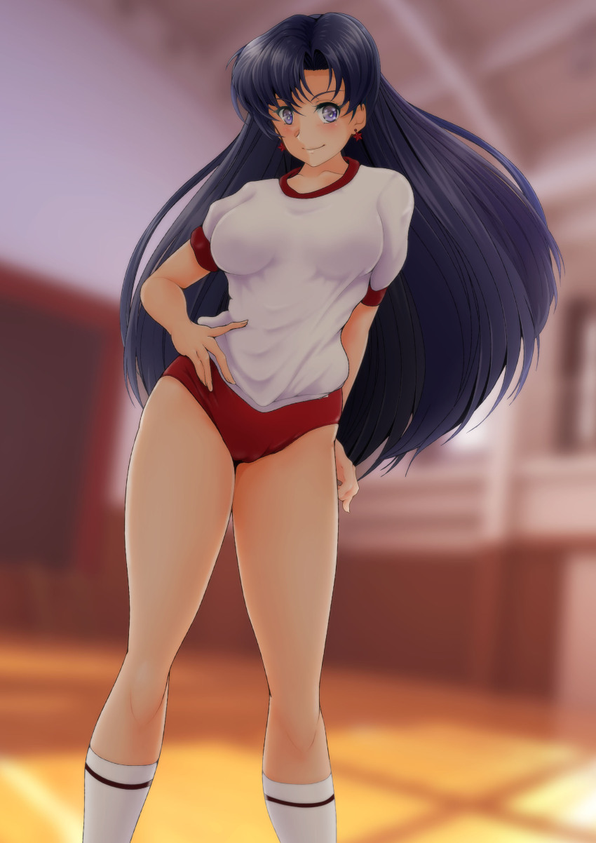 1girl absurdres bishoujo_senshi_sailor_moon black_hair buruma earrings highres hino_rei jewelry long_hair nanashi_noiji purple_eyes red_buruma shirt smile socks solo star_(symbol) star_earrings swept_bangs t-shirt white_shirt