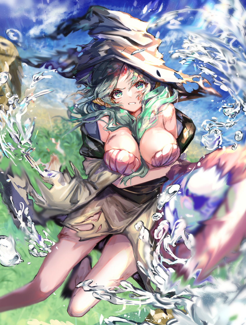 1girl absurdres between_breasts bikini blue_sky breasts cloud cloudy_sky foot_out_of_frame forehead_jewel green_eyes green_hair hat highres large_breasts long_hair looking_at_viewer magi_the_labyrinth_of_magic momongapoketto outdoors plant rock shell shell_bikini sky solo water witch_hat yamuraiha