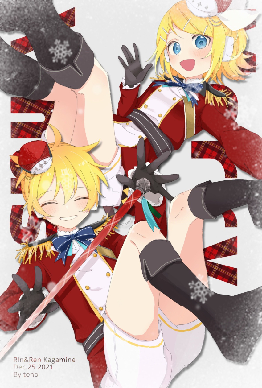 1boy 1girl :d ahoge alternate_costume black_boots black_gloves blonde_hair blue_bow blue_bowtie blue_eyes blush boots bow bowtie buttons cane closed_eyes collared_shirt commentary_request dated double-breasted english_text epaulettes full_body gloves hair_between_eyes hair_bow hair_ornament hairpin highres holding holding_cane kagamine_len kagamine_rin knee_boots long_sleeves looking_at_viewer medium_hair merry_christmas open_mouth parted_bangs red_shirt shirt short_hair short_shorts shorts signature smile snow snowflakes song_request teeth tono_kabeuchi vocaloid white_background white_headphones white_shirt white_shorts