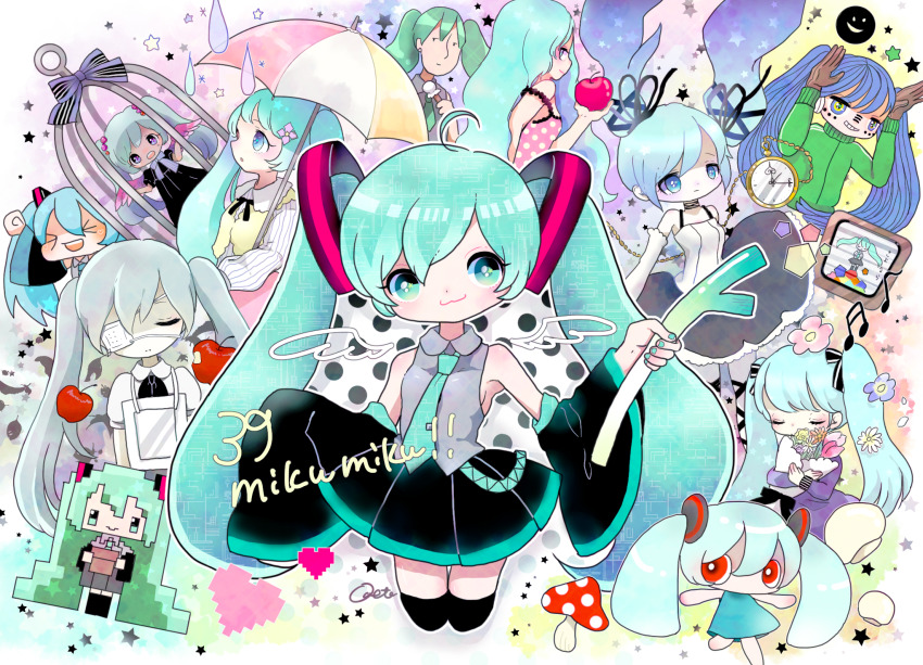 &gt;_&lt; 1girl :3 aimaina apple arm_up birdcage blue_eyes blue_hair blue_nails bouquet brown_gloves cage cropped_legs detached_sleeves drawn_wings dress eyepatch facial_mark floating_hair flower flower_pot food fruit gloves grey_shirt grin hatsune_miku highres holding holding_bouquet holding_flower_pot holding_food holding_vegetable matryoshka_(vocaloid) multiple_views mushroom musical_note odetooo pixelated polka_dot polka_dot_dress shirt smile song_request spring_onion table umbrella vegetable vest vocaloid world_is_mine_(vocaloid)