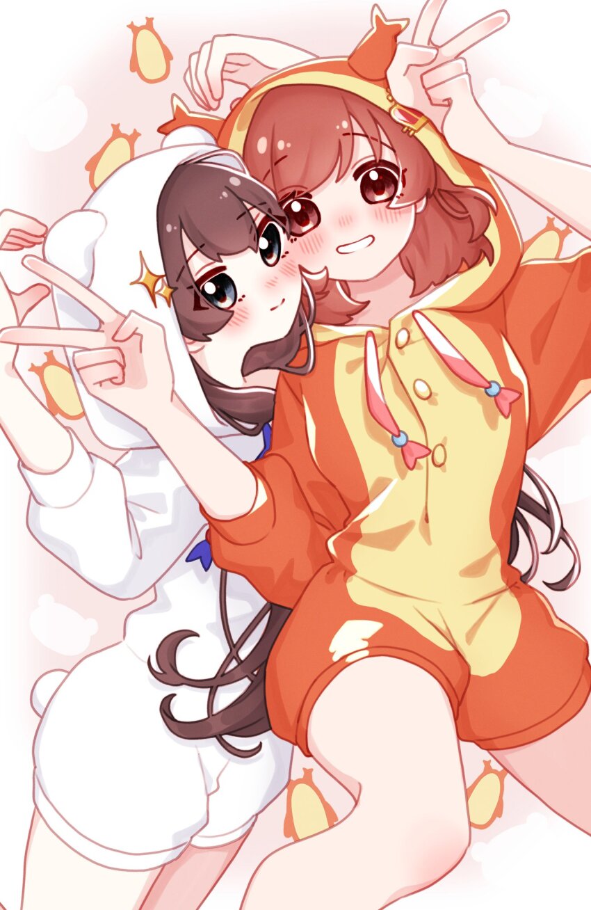 2girls animal_ears animal_hood arm_up arms_up bear_ears bear_hood black_hair blue_eyes blush brown_eyes brown_hair buttons cheek-to-cheek commentary cowboy_shot crab_hood double_v drawstring fake_animal_ears grin hand_up heads_together highres hirake_goma hood hood_up kagura_hikari long_hair looking_at_viewer lying medium_hair multiple_girls nose_blush official_alternate_costume on_back on_side orange_pajamas orange_shorts pajamas parted_lips pink_background shorts shoujo_kageki_revue_starlight shoujo_kageki_revue_starlight_-re_live- side-by-side smile three-quarter_sleeves tsuyuzaki_mahiru two-tone_background two-tone_pajamas two-tone_shorts v very_long_hair white_background white_shorts yellow_pajamas yellow_shorts