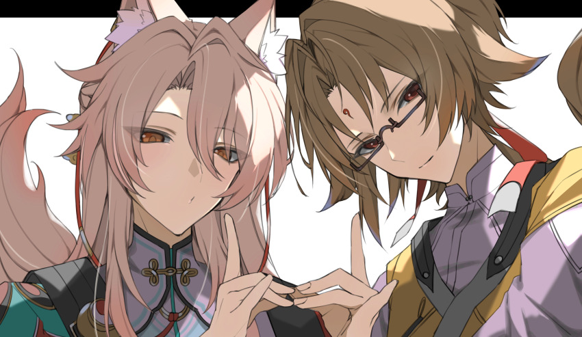 2boys absurdres animal_ear_fluff animal_ears black-framed_eyewear brown_hair chinese_clothes closed_mouth facial_mark forehead_mark fox_boy fox_ears fox_shadow_puppet fox_shadow_puppet_kiss fox_tail glasses hair_between_eyes highres honkai:_star_rail honkai_(series) jiaoqiu_(honkai:_star_rail) long_hair looking_at_viewer male_focus mihoyo moderate_gold multiple_boys orange_eyes pink_hair simple_background tail upper_body white_background ye_shiyuan zenless_zone_zero